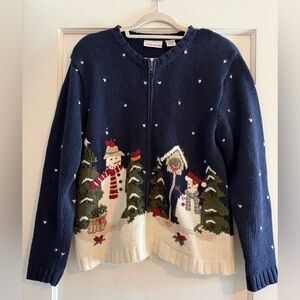 Vintage Croft & Barrow Ugly Christmas Zip Up Cardigan Snowman Winter Size Small